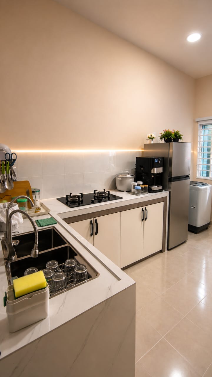 Dapur dengan kemudahan memasak di Senangin Damai Homestay